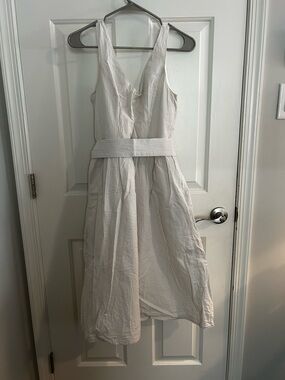 V-Neck Sleeveless Midi Dress in White with Waistband